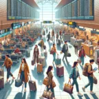 A scene vividly captures the bustling atmosphere of an airport, filled with travelers carrying a variety of lightweight travel handbags. Each handbag stands out with its unique size, color, and design, showcasing not just their practicality but also their style.