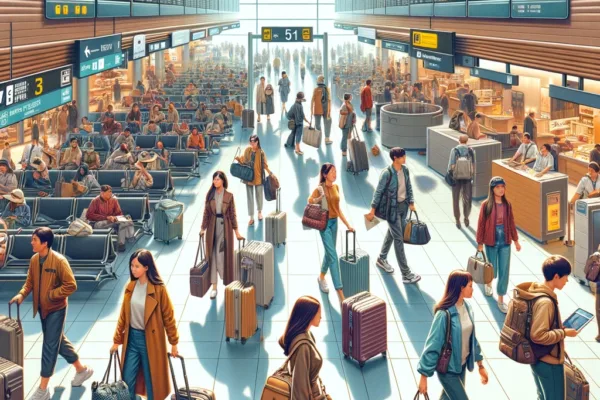 A scene vividly captures the bustling atmosphere of an airport, filled with travelers carrying a variety of lightweight travel handbags. Each handbag stands out with its unique size, color, and design, showcasing not just their practicality but also their style.