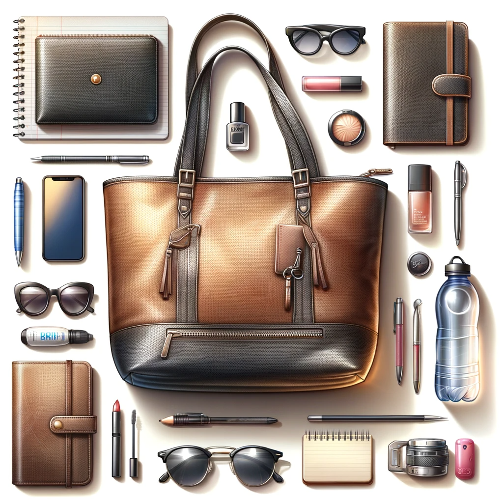 Various items typically put in a tote bag, including a wallet, sunglasses, notebook, pen, smartphone, water bottle.