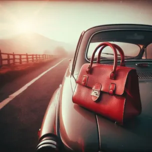Red Handbag on a Car on the Road
