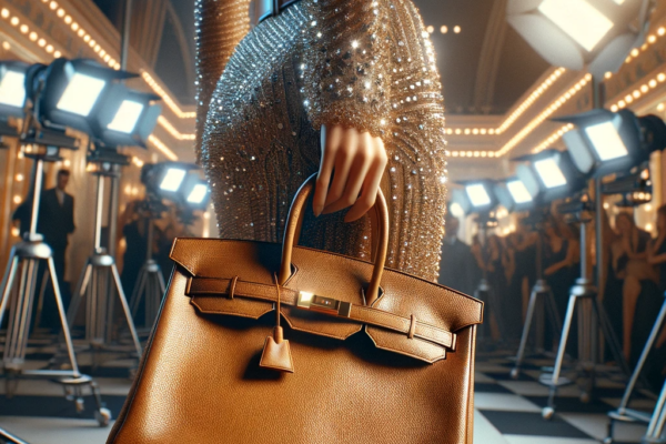 Celebrity holding a Birkin bag by Hermès, highlighting its elegance and status symbol in a cinematic style