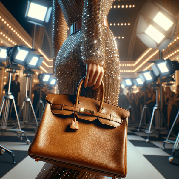 Celebrity holding a Birkin bag by Hermès, highlighting its elegance and status symbol in a cinematic style