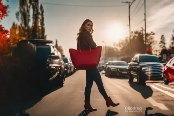 Oversized red Tote Bag being carried by a lady in the sunset-lit street as she crosses the road.